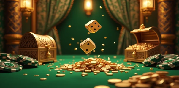 Счастливые золотые кости летят над сокровищами Sultan Casino